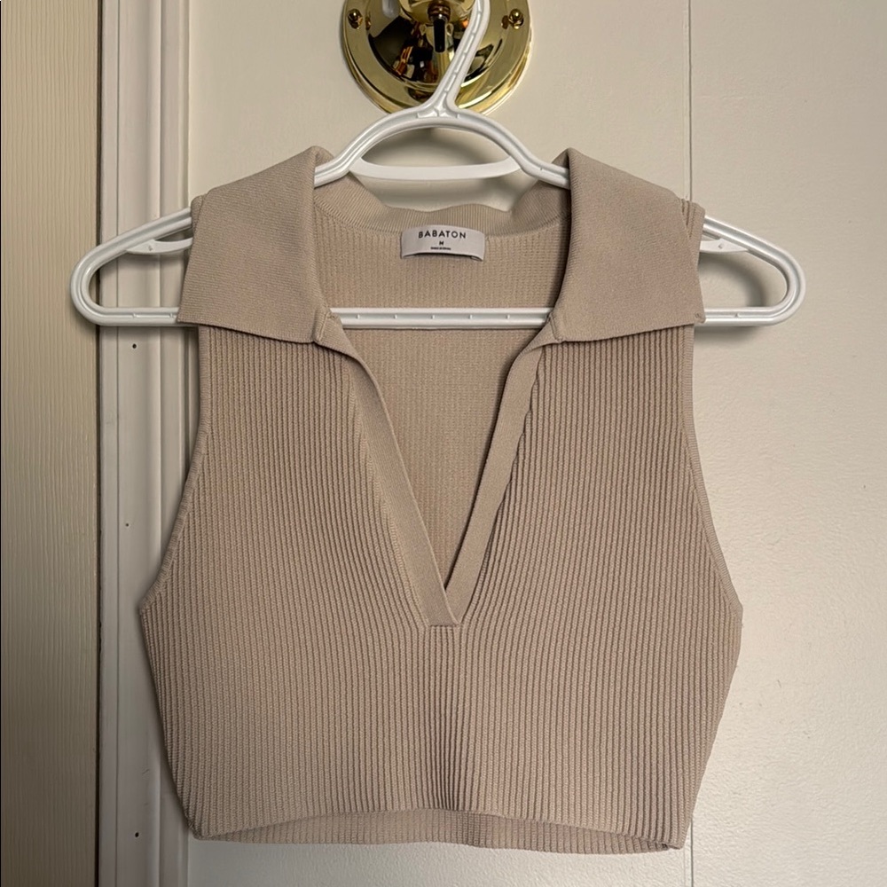NWOT - Babaton Cream Ribbed Polo Crop Tank Top
